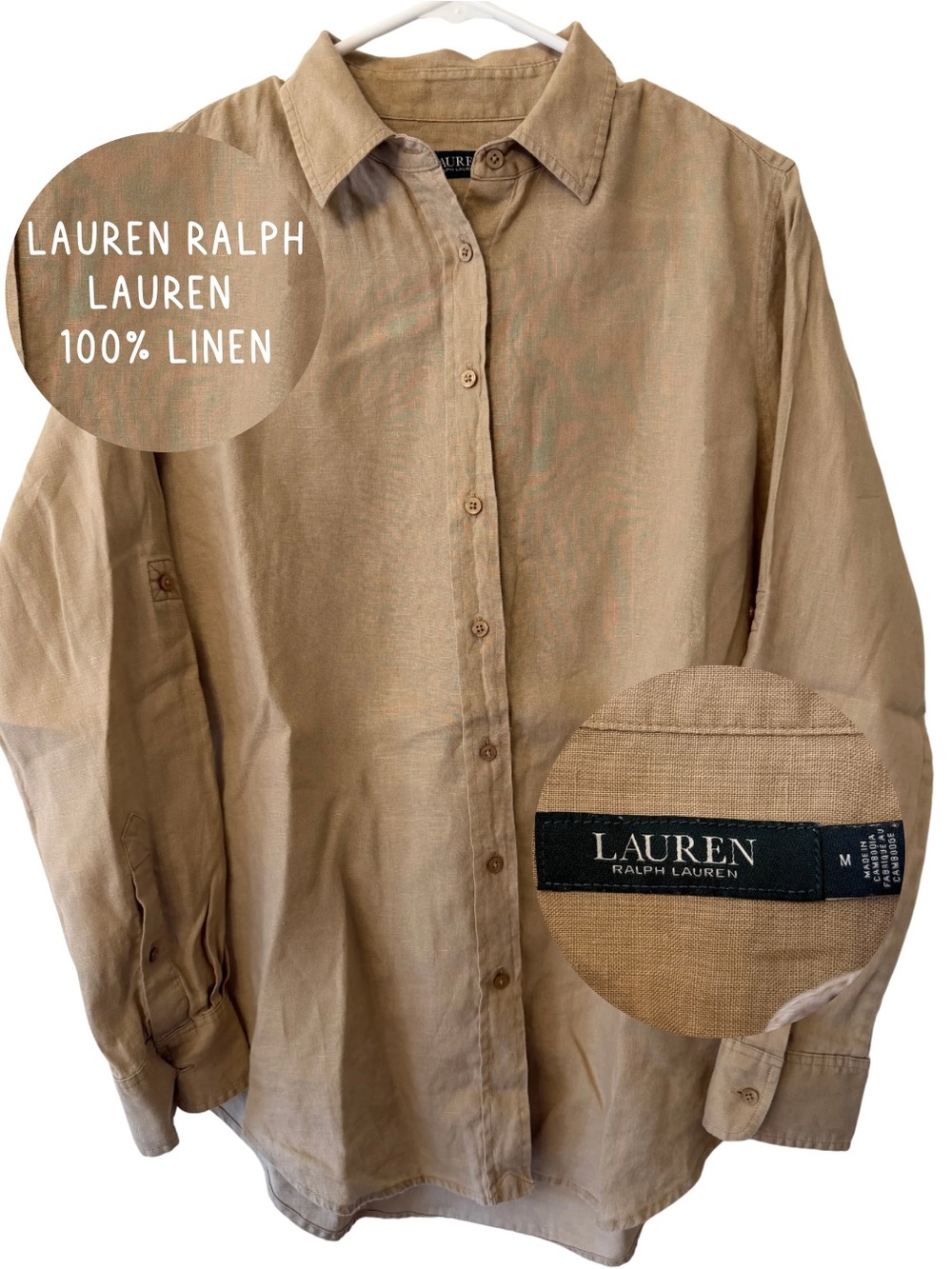 Lauren Ralph Lauren Women’s 100% Linen Button-Up Long Sleeve Shirt - Tan Size M